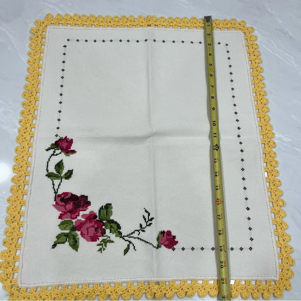 Handmade Floral Cross Stitch Embroidered Floral Accent with Yellow Trim Cottage